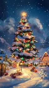 Snow-draped village tree hums with lantern-lit Christmas glow