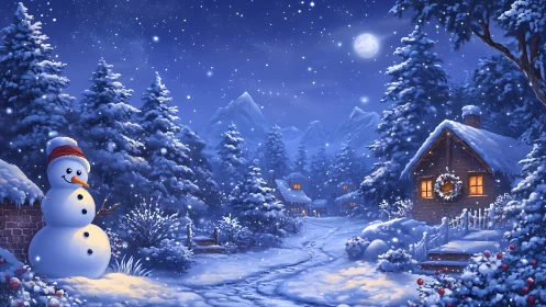 Digital painting of moonlit snowy village with snowman foreground.