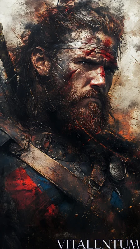 Weathered warrior wrapped in stormy color and resolve.