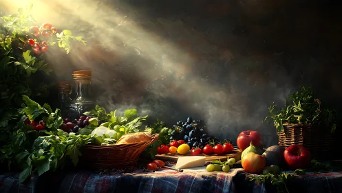 Sunlit harvest banquet with rustic fruit and herb drama.