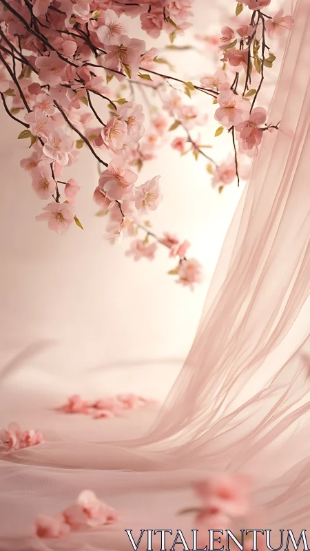 Delicate Pink Cherry Blossoms Cascading Through Ethereal Fabric Drapery With Soft Bokeh Background