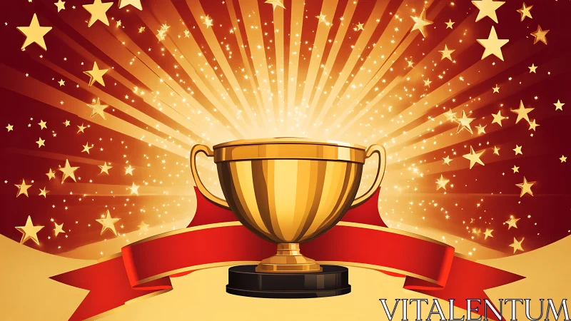 Golden trophy cup centered on radial starburst with red ribbon
