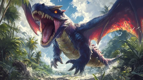 Firewing dragon lunges over tropical jungle clearing.
