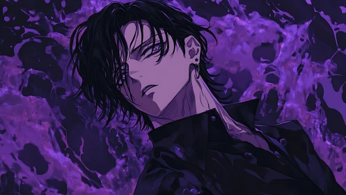 Dark-haired anime antihero emerges from swirling violet void