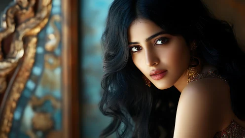 Glimmering gaze rests gently amid warm ornate shadows