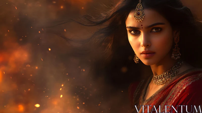 Firelit gaze crowns the jeweled warrior in drifting embers