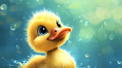 Digital duckling portrait in bright teal water scene.