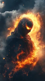 Fiery hooded wraith engulfed by swirling inferno flames.