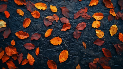 Autumn leaves scattered on dark stone, glowing with warm color.