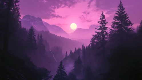 Pink twilight over misty evergreen mountain valley.