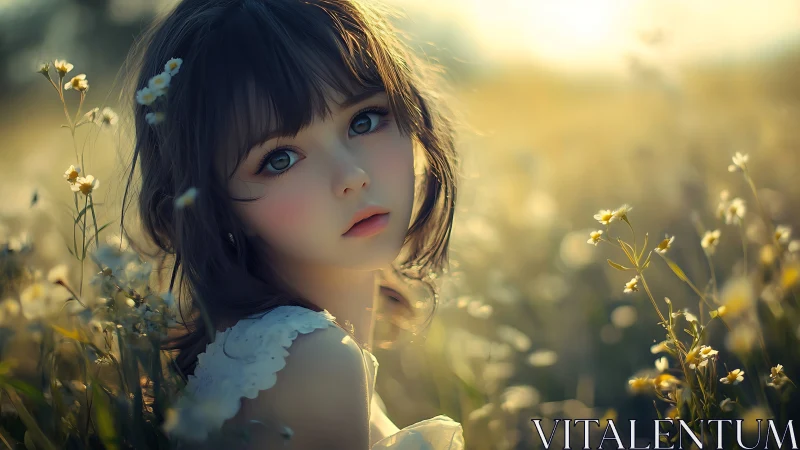 Young figure with stylized face seated in sunlit field.