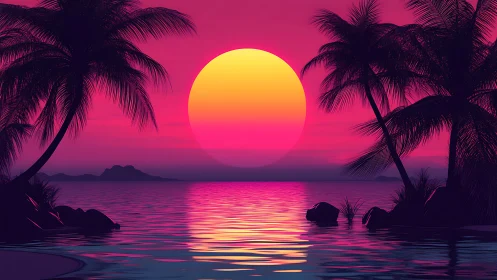 Neon sunset bathes a tranquil tropical shoreline in light