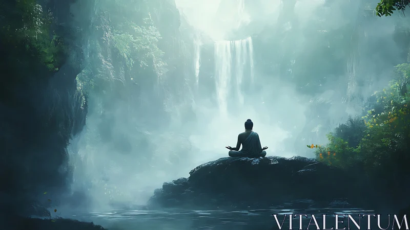 Solitary meditative figure on rock island before mist-veiled waterfall