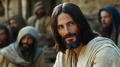 Biblical teacher portrait in warm desert courtyard light.