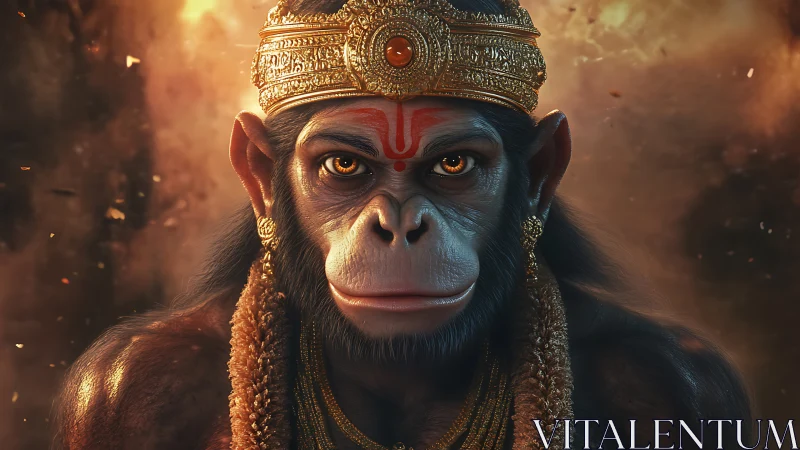 Simian figure is depicted wearing ornate golden regalia