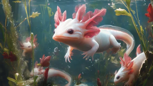 Photorealistic pink axolotl group in lush aquatic habitat.