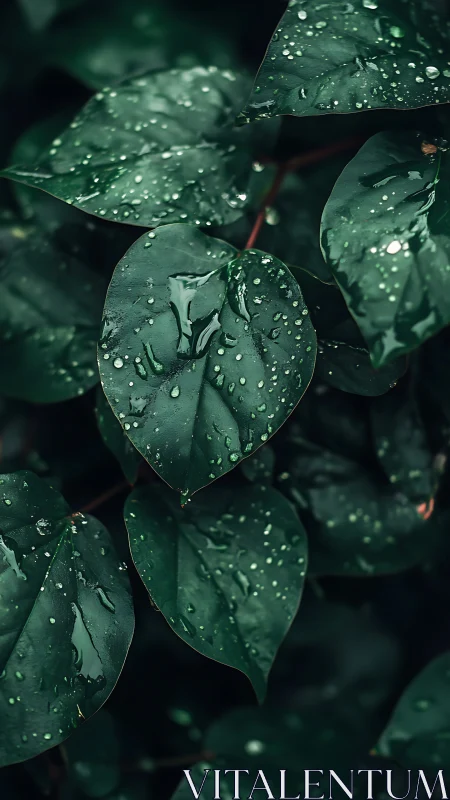 Macro closeup of dark green wet foliage with raindrops