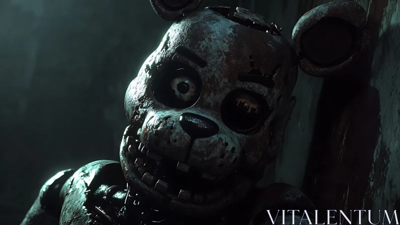 Corroded animatronic bear under asymmetric horror lighting.