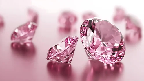 Pink faceted diamonds on reflective surface with bokeh highlights.