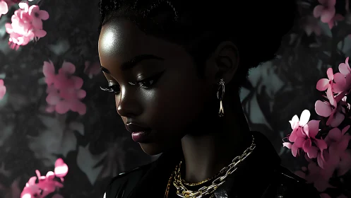 Midnight muse glows amid soft pink blossoms and shadowed gold.