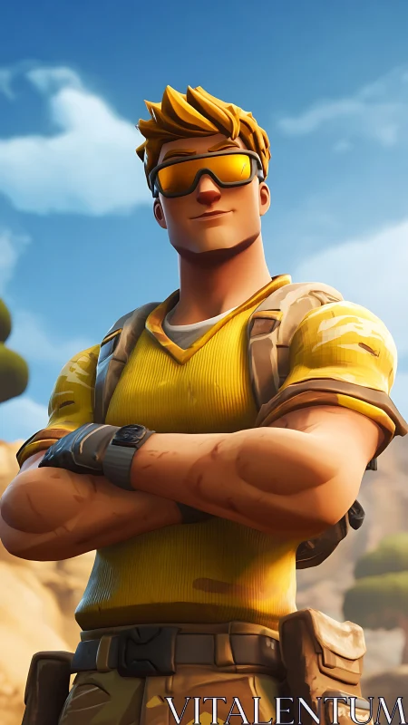 Confident stylized soldier stands under bright desert sky.