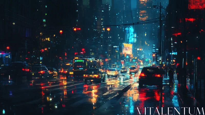 Neon-soaked rainy city traffic in cinematic nightscape.