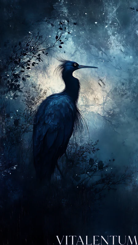 Nocturnal blue heron silhouette in misted moonlit foliage