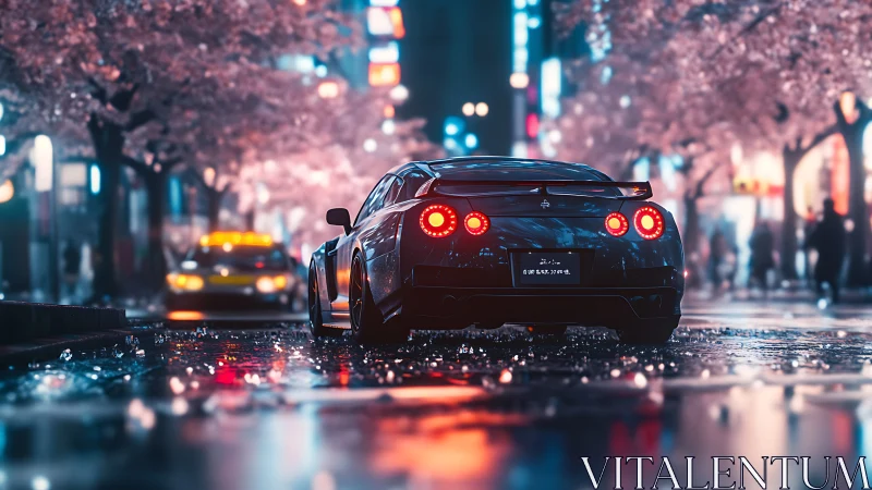 Sports car glows in neon-lit cherry blossom city street.