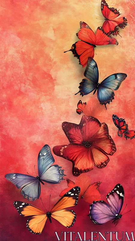 Butterflies and flowers move upward on red gradient background