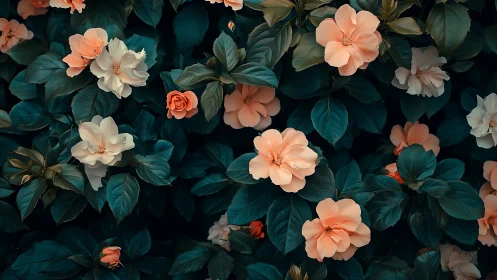 Coral and cream garden roses with teal foliage composition.