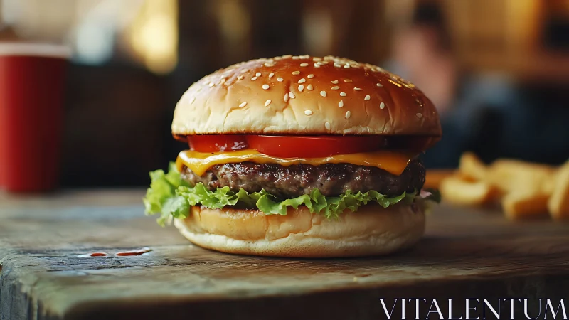 Golden diner burger haloed in warm bokeh hunger light.