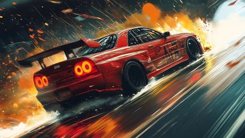 Dynamic drift composition with red racing coupe in flames.