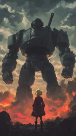 Daring child in red coat facing towering war machine.