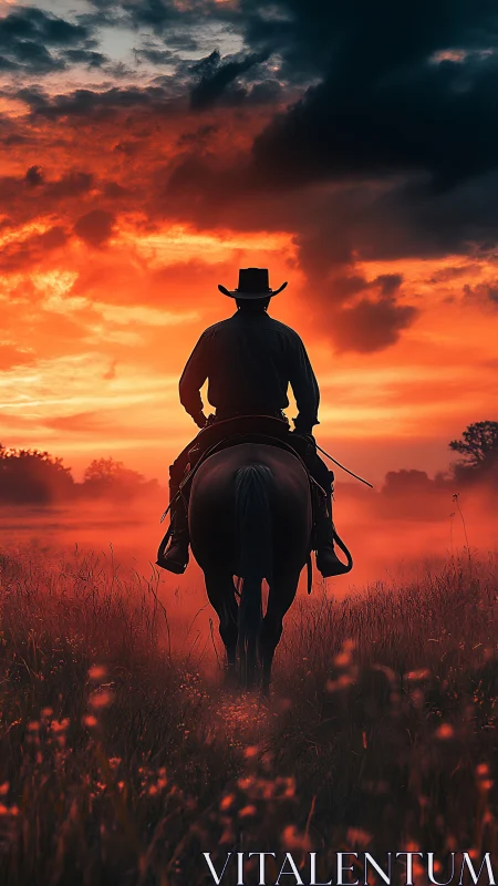 Lone cowboy riding home beneath a glowing ember sunset.