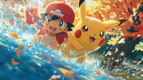 Anime action splash with autumn forest and dynamic duo focus.