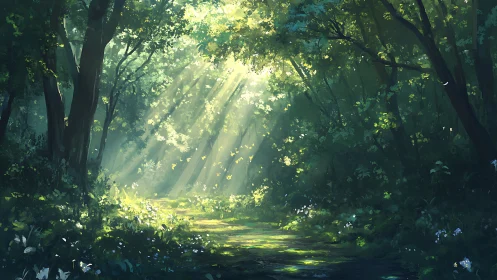 Sunlit forest path inviting quiet moments of gentle wonder.