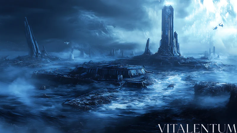 Mysterious sci fi tower rising over a misty alien seascape.