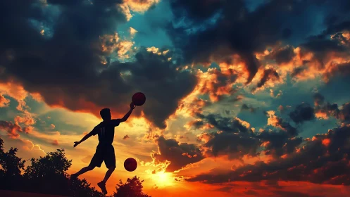 Silhouetted basketball player jumps against blazing sunset sky