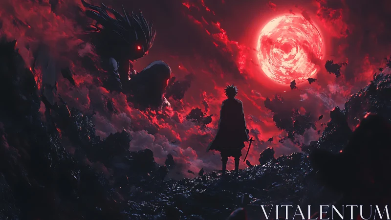 Swordsman facing colossal demon under swirling crimson moon