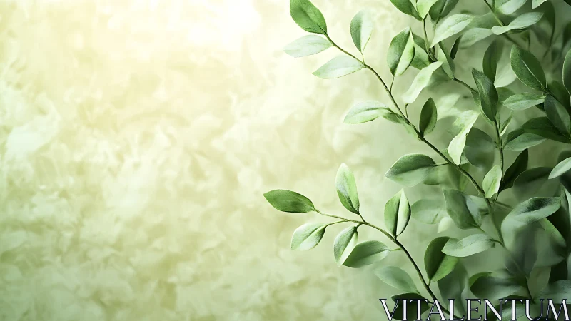 Green leafy branch against soft yellow abstract background.