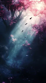 Enchanted dusk grove where pink starlight drinks the mist.