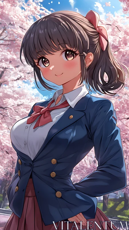 Cherry blossom courtyard portrait of confident schoolgirl.