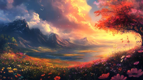 Sunset wildflower valley beneath blazing cloud kingdoms.