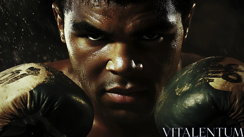 Boxer in Rain. Intense Focus Before Fight.