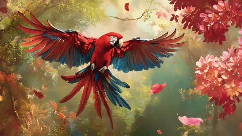 Scarlet macaw in mid-flight renders dynamic rainforest atmosphere