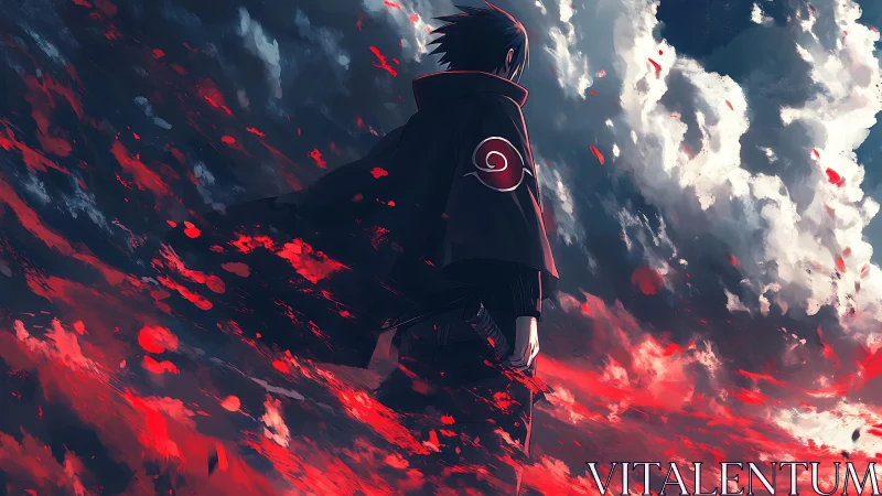 Lone cloaked anime swordsman amid red storm clouds.