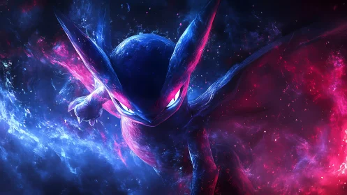 Energetic creature in contrasting blue and red cosmic field.