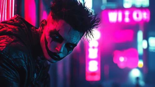 Cyberpunk joker portrait under neon-strip rim lighting.