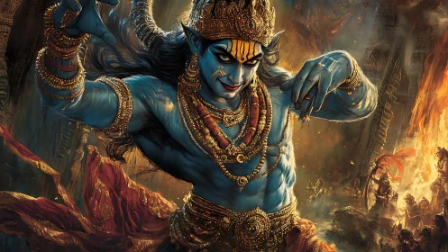 Blue-skinned warrior deity commands blazing battlefield