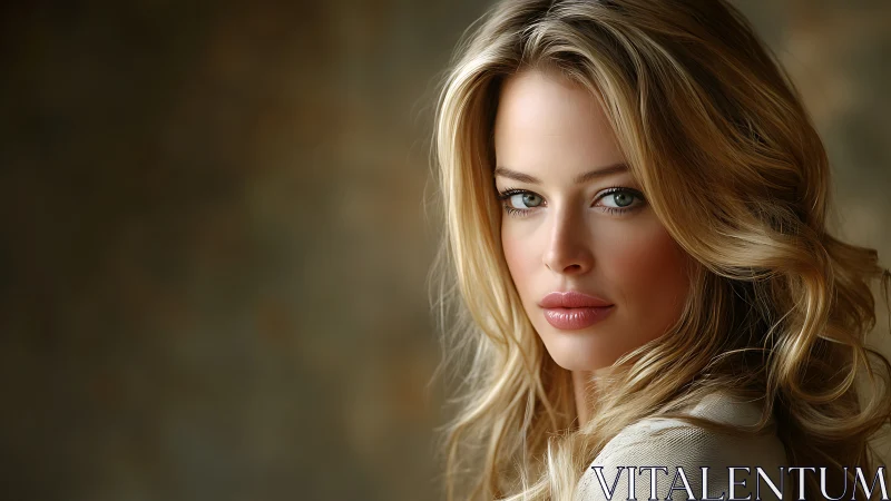 Portrait captures blonde woman with soft cinematic lighting.
